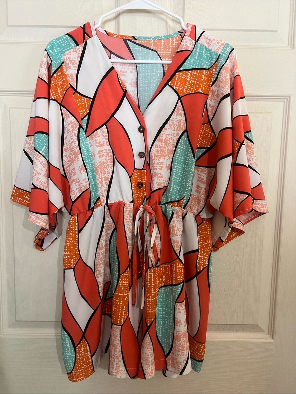 Women’s Tie-Waist Button Front romper- Coral Multi